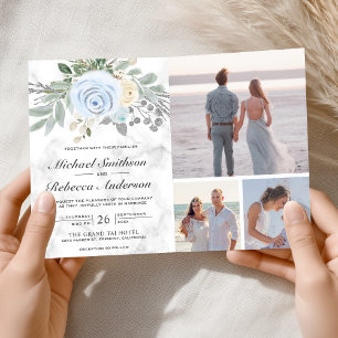 Convite Casamento Código QR Floral Azul Empoeirado Mármore