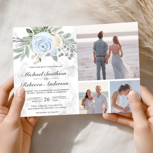 Convite Casamento Código QR Floral Azul Empoeirado Mármore (Criador carregado)