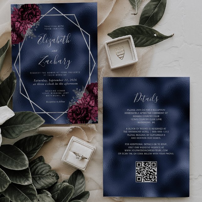 Convite Casamento Código QR Floral Azul Marinho Borgonha P (Criador carregado)