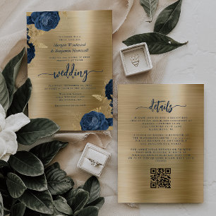 Convite Casamento Código QR Floral Azul Marinho Dourado Me
