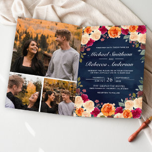 Convite Casamento Código QR Floral Azul Marinho Laranja Qu