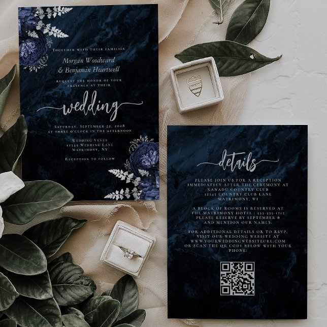 Convite Casamento Código QR Floral Azul Marinho Prateado E (Criador carregado)