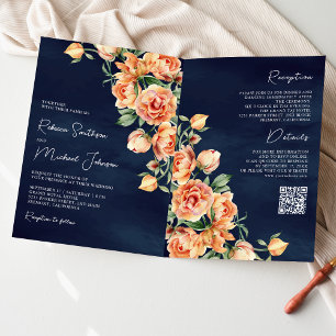 Convite Casamento Código QR Floral Azul Naval Pêssego Terr