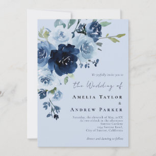 Convite Casamento Código QR Floral Azul Navy Rosa Empoeira