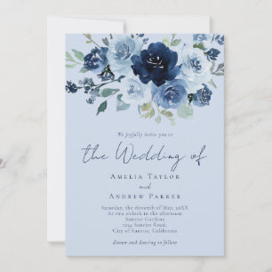 Convite Casamento Código QR Floral Azul Navy Rosa Empoeira