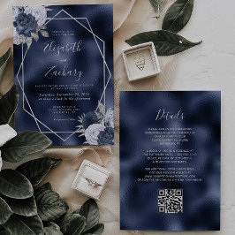Convite Casamento Código QR Floral Azul Poeirento Prata em