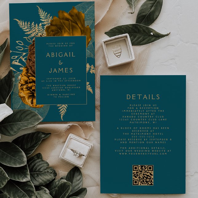 Convite Casamento Código QR Floral Azul Teal Dourado Laran (Criador carregado)