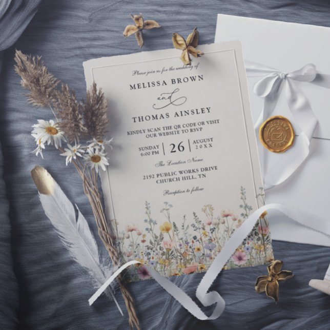 Convite Casamento Código QR Floral Boho Aquarela Flor Silv (Criador carregado)