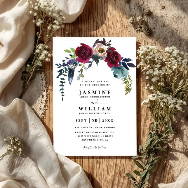 Convite Casamento Código QR Floral Boho Chic Azul Burgundy (Criador carregado)