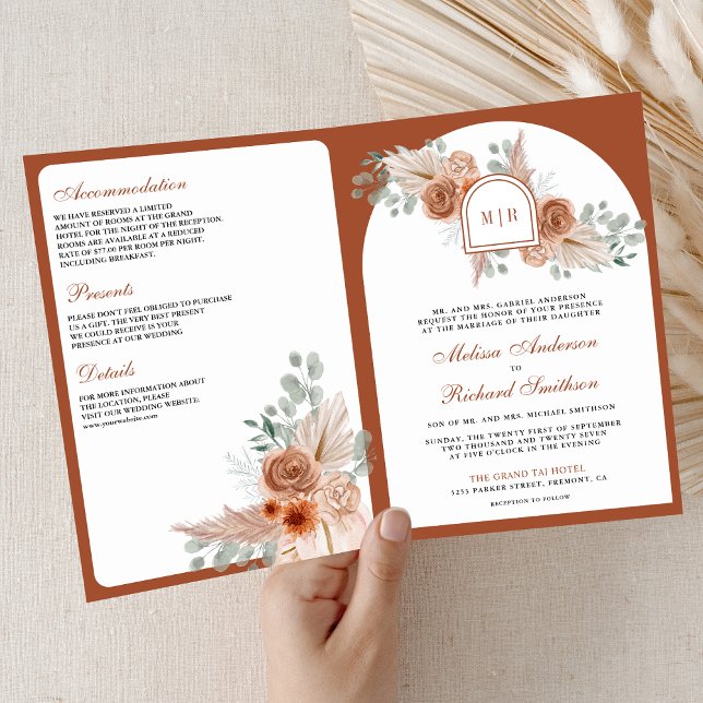 Convite Casamento Código QR Floral Boho Pampas Terracota (Criador carregado)