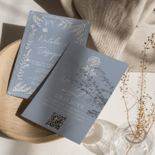 Convite Casamento Código QR Floral Botânico Boho Azul Azur