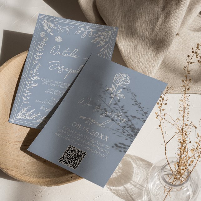 Convite Casamento Código QR Floral Botânico Boho Azul Azur (Criador carregado)