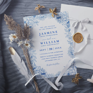 Convite Casamento Código QR Floral Branco Azul Elegante Mo