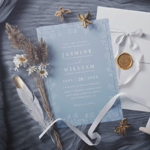 Convite Casamento Código QR Floral Branco e Azul Elegante