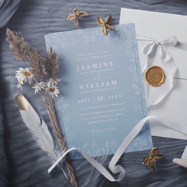 Convite Casamento Código QR Floral Branco e Azul Elegante  (Criador carregado)