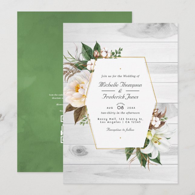 Convite Casamento Código QR Floral Branco Rústico País Cel (Frente/Verso)
