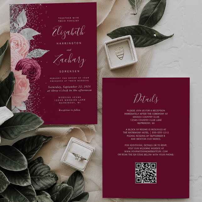 Convite Casamento Código QR Floral Burgundy Blush Prata (Criador carregado)