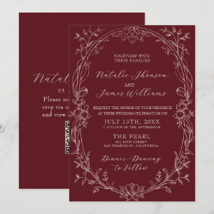 Convite Casamento Código QR Floral Burgundy Clássico Dinhe