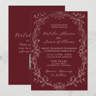 Convite Casamento Código QR Floral Burgundy Clássico Dinhe