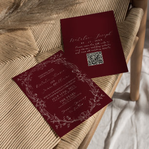 Convite Casamento Código QR Floral Burgundy Clássico Dinhe