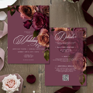 Convite Casamento Código QR Floral Burgundy Elegante e Som