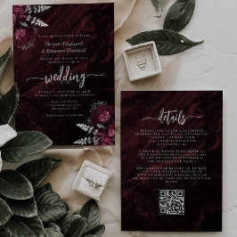 Convite Casamento Código QR Floral Burgundy Elegante Prata
