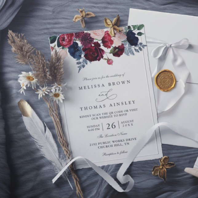 Convite Casamento Código QR Floral Burgundy Navy Rústico C (Criador carregado)