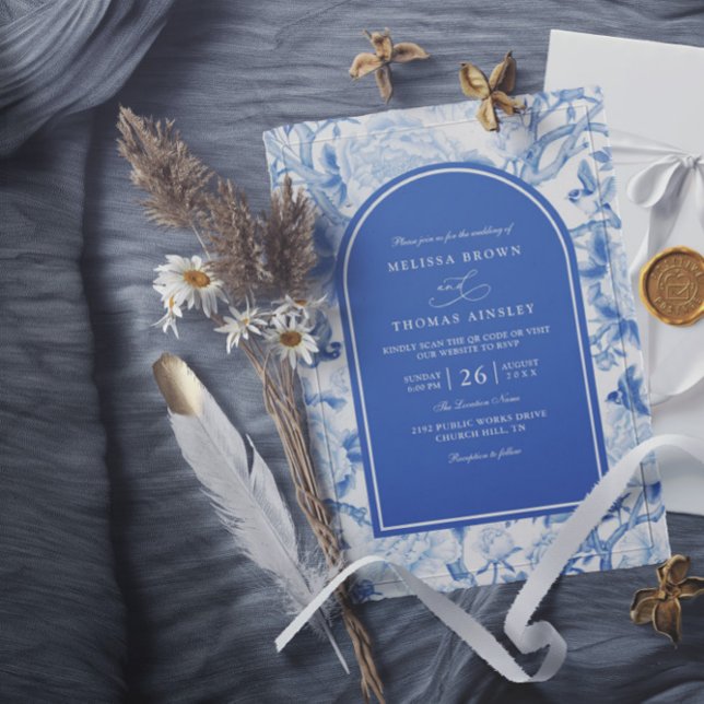 Convite Casamento Código QR Floral Chinois Branco Azul Del (Criador carregado)