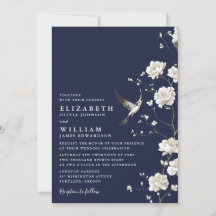 Casamento Código QR Floral Chinoiserie Azul Marinh