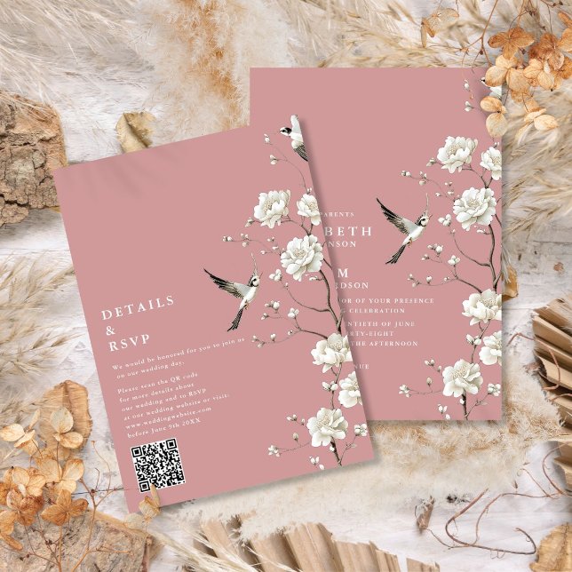 Convite Casamento Código QR Floral Chinoiserie Rosa Empoei (Dusty Rose Chinoiserie Floral QR Code Wedding Invitation)