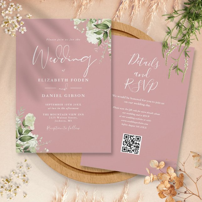 Convite Casamento Código QR Floral com Folhagem Rosa Empoe (Dusty Rose Greenery Floral QR Code Wedding Invitation)