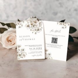 Convite Casamento Código QR Floral Creme Boho Rústico