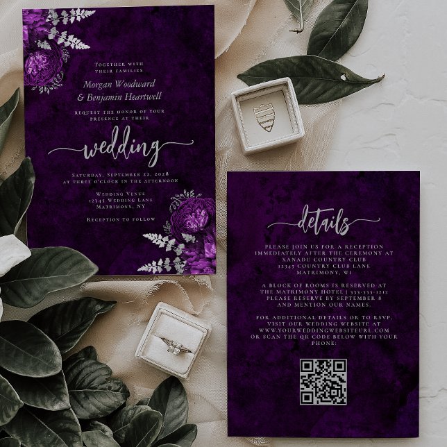 Convite Casamento Código QR Floral de Ameixa Elegante Prat (Criador carregado)