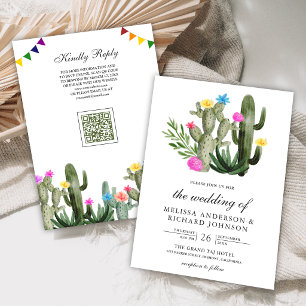 Convite Casamento Código QR Floral de Cactus Fiesta Mexica