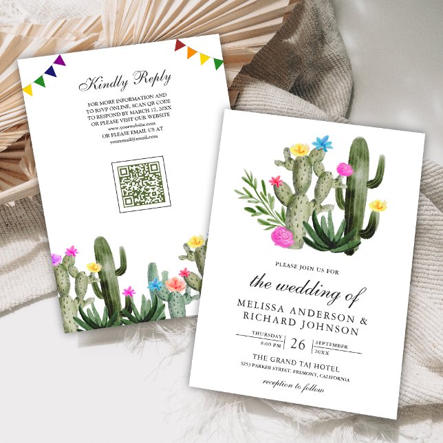 Convite Casamento Código QR Floral de Cactus Fiesta Mexica (Criador carregado)