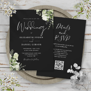 Convite Casamento Código QR Floral de Folhagem Preto e Bra
