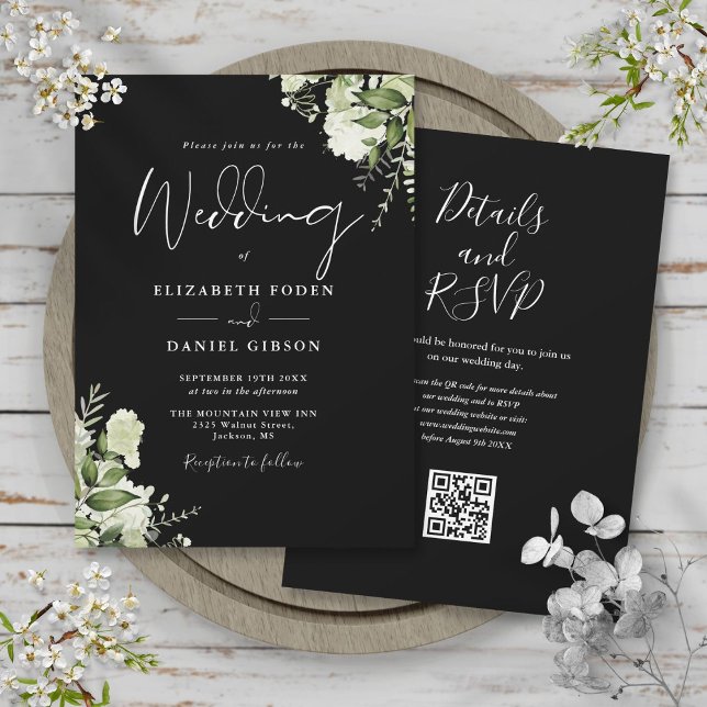 Convite Casamento Código QR Floral de Folhagem Preto e Bra (Black And White Greenery Floral QR Code Wedding Invitation)