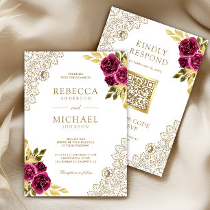 Convite Casamento Código QR Floral de Renda Magenta Fuchsi