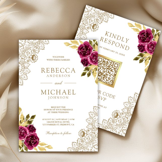 Convite Casamento Código QR Floral de Renda Magenta Fuchsi (Criador carregado)