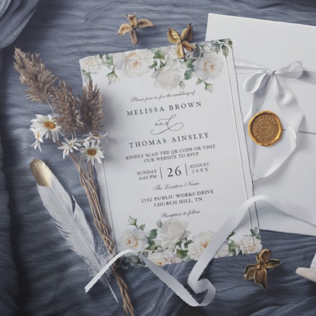 Convite Casamento Código QR Floral de Rosas Brancas Marfim (Criador carregado)