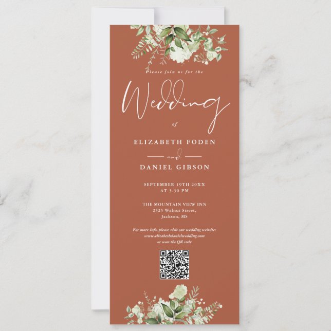 Convite Casamento Código QR Floral de Terracota Verde (Frente)