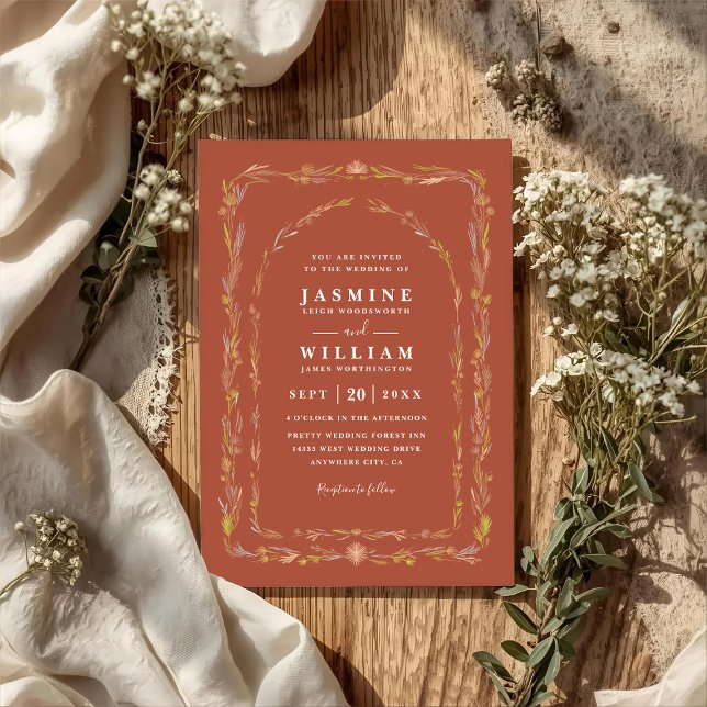 Convite Casamento Código QR Floral Delicado Boho Terracota (Criador carregado)