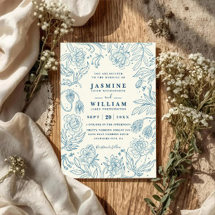 Convite Casamento Código QR Floral Desenhado a Linha Azul 