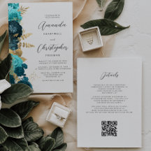 Casamento Código QR Floral Dourado Água-Marinha