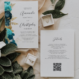 Convite Casamento Código QR Floral Dourado Água-Marinha