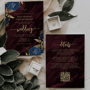 Convite Casamento Código QR Floral Dourado Azul Naval Burg