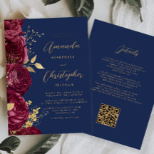 Casamento Código QR Floral Dourado Borgonha