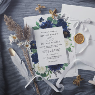 Convite Casamento Código QR Floral Elegante Azul Marinho P