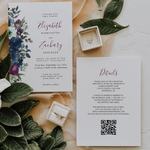 Convite Casamento Código QR Floral em Aquarela Azul Naval