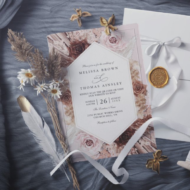 Convite Casamento Código QR Floral Empoeirado Boho Pampas  (Criador carregado)